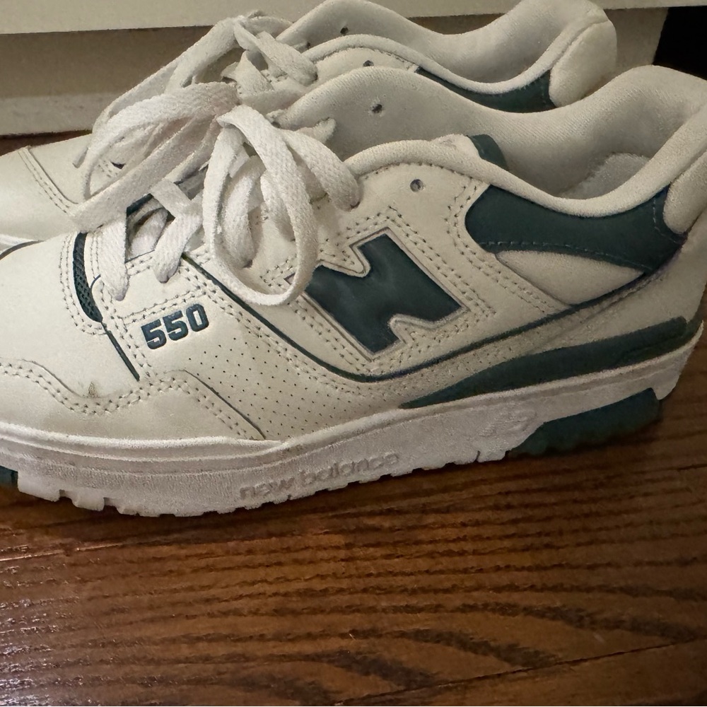 New Balance White and Teal 550 Sneakers